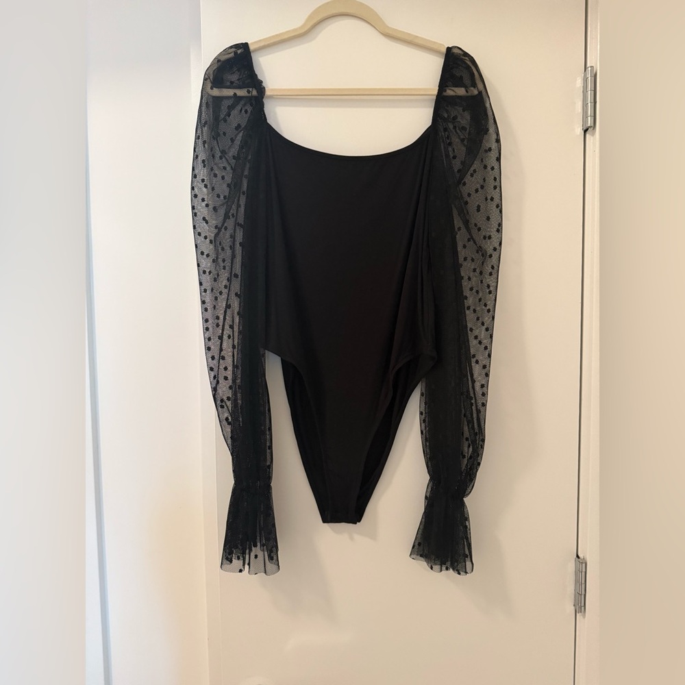 Unbranded black bodysuit, sheer sleeve, XL